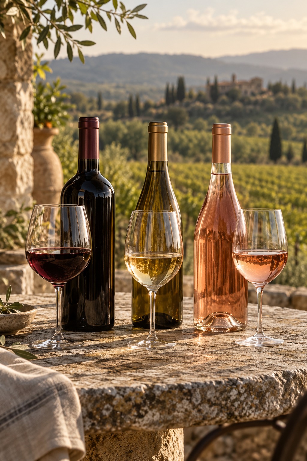 Composición ilustrativa de botellas y copas de vino